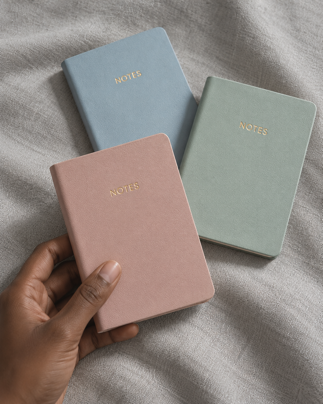 Pastel Mini Notes notebooks on cool grey fabric