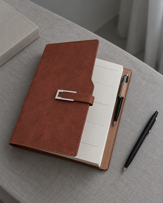 Brown schedule notebook on cool grey linen