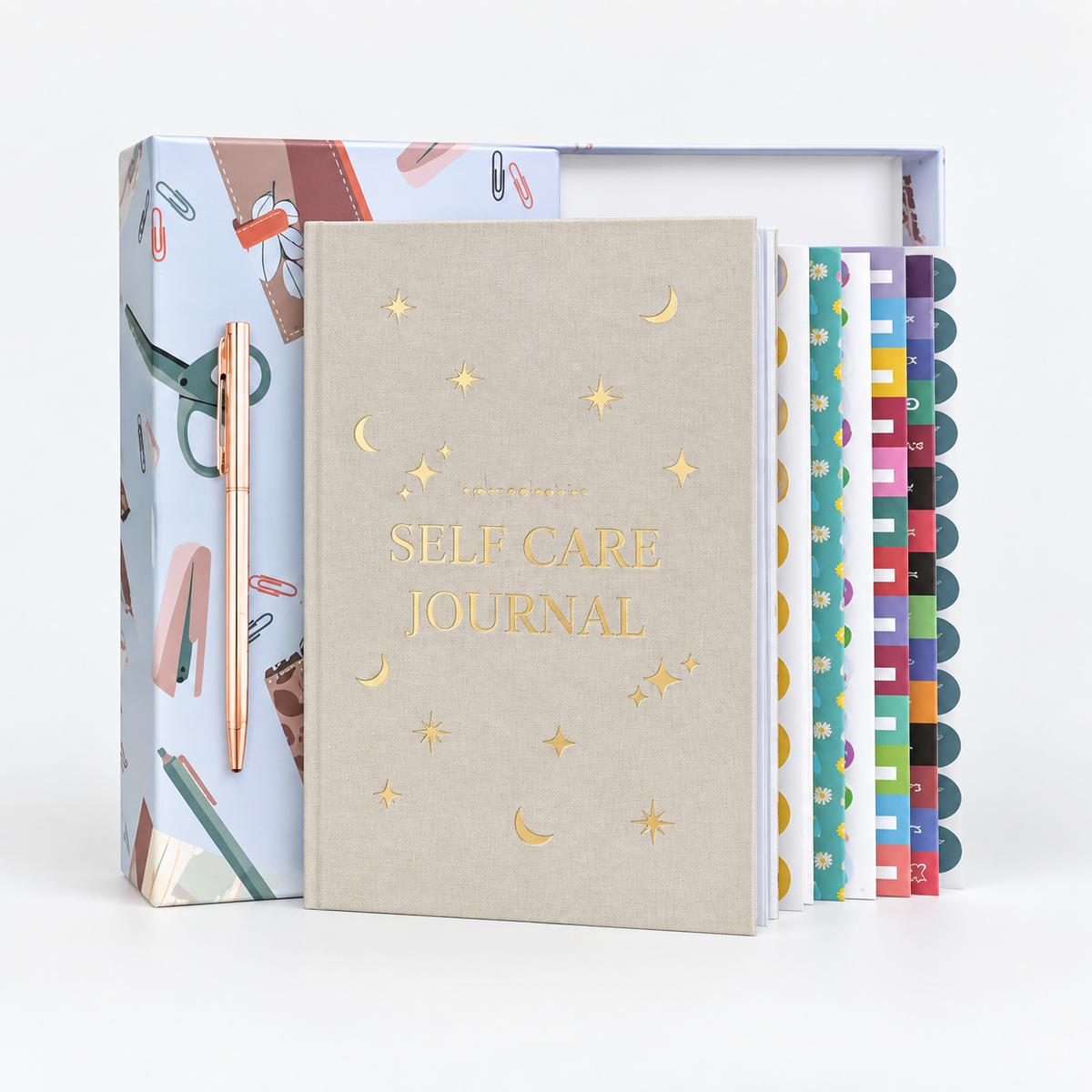 Self-Care Journal Gift Set in beige with celestial cover