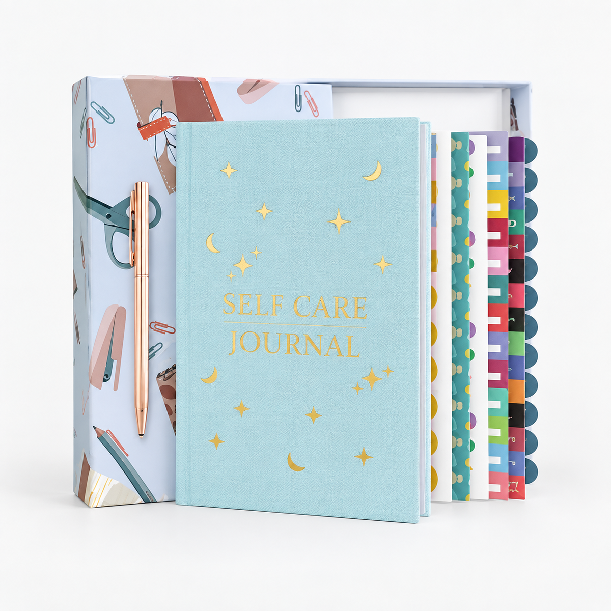 Self-Care Journal Gift Set in blue with celestial cover