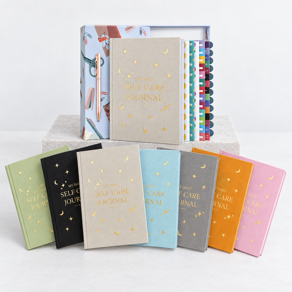 All seven celestial-cover Self-Care Journal Gift Set colourways