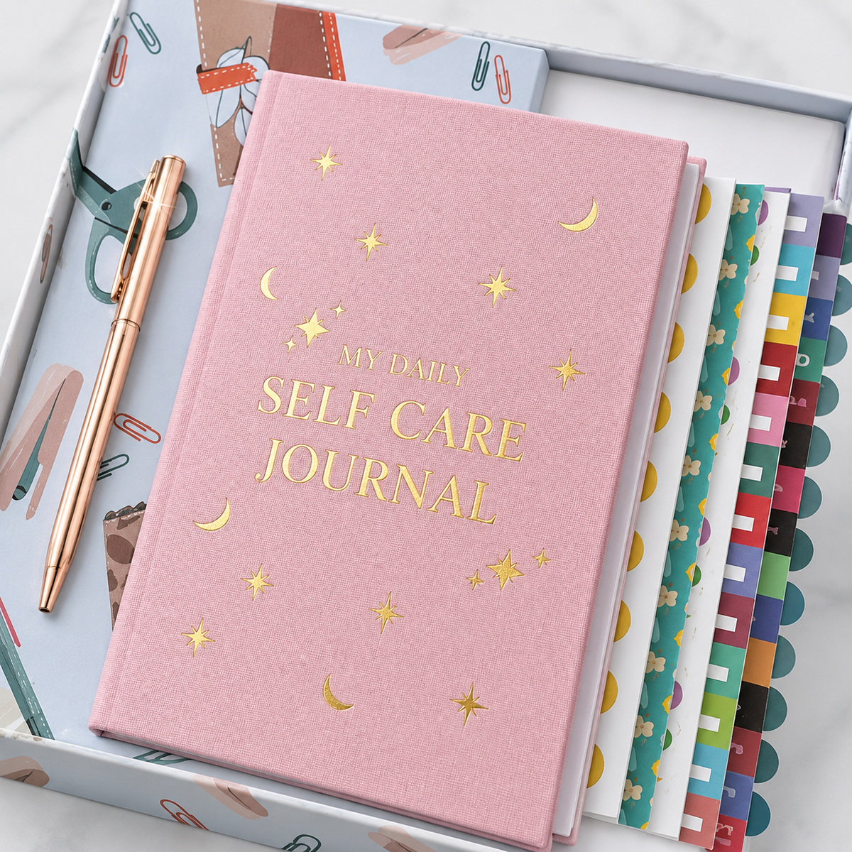 Self-Care Journal Gift Set fabric and gold-foil detail