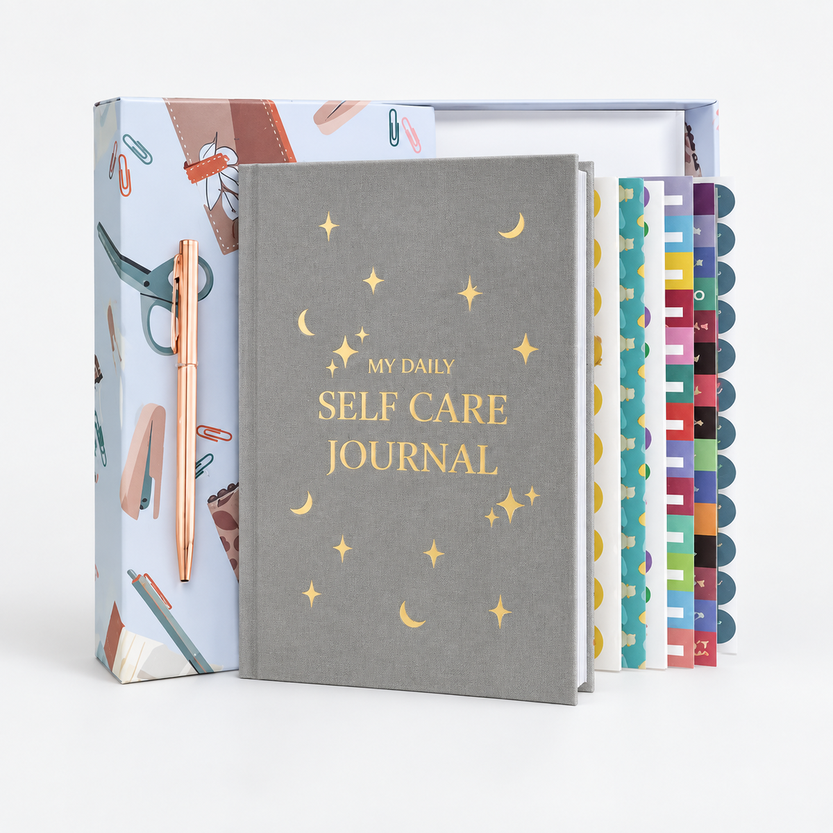 Self-Care Journal Gift Set in grey with celestial cover