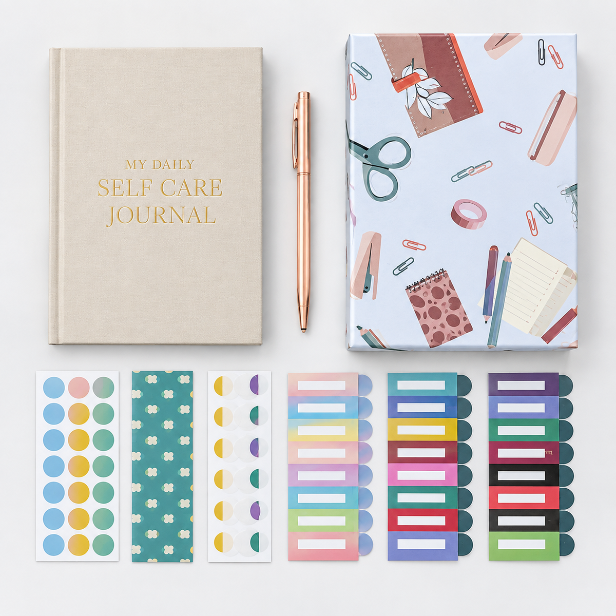 Self-Care Journal Gift Set contents with pen for scale