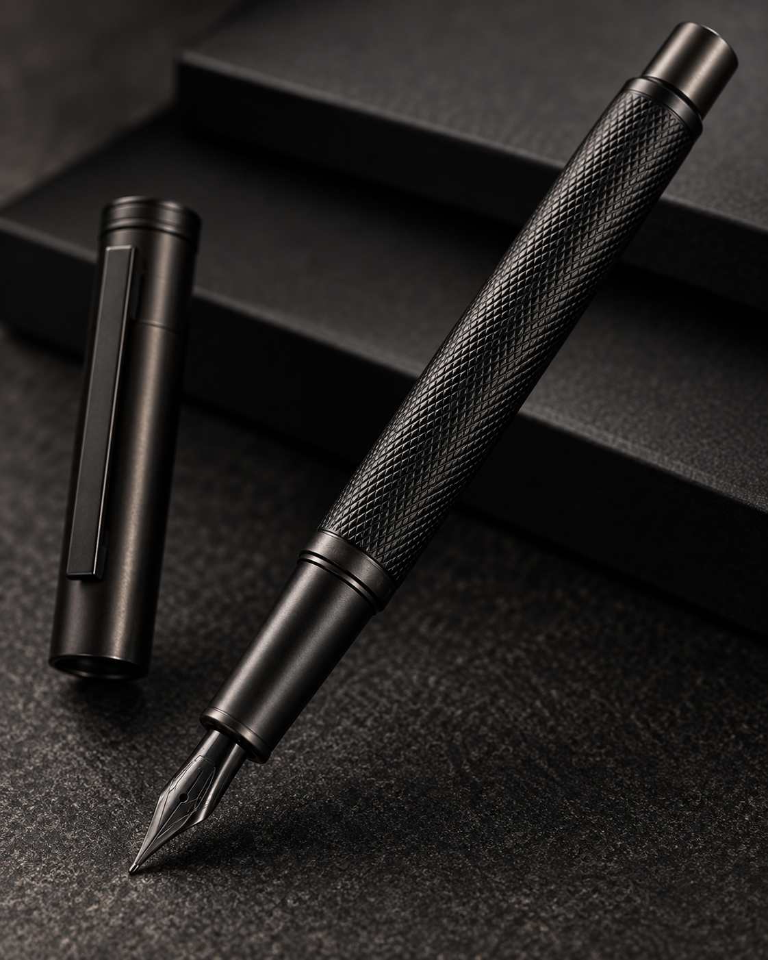 Matte-black fountain pen close-up