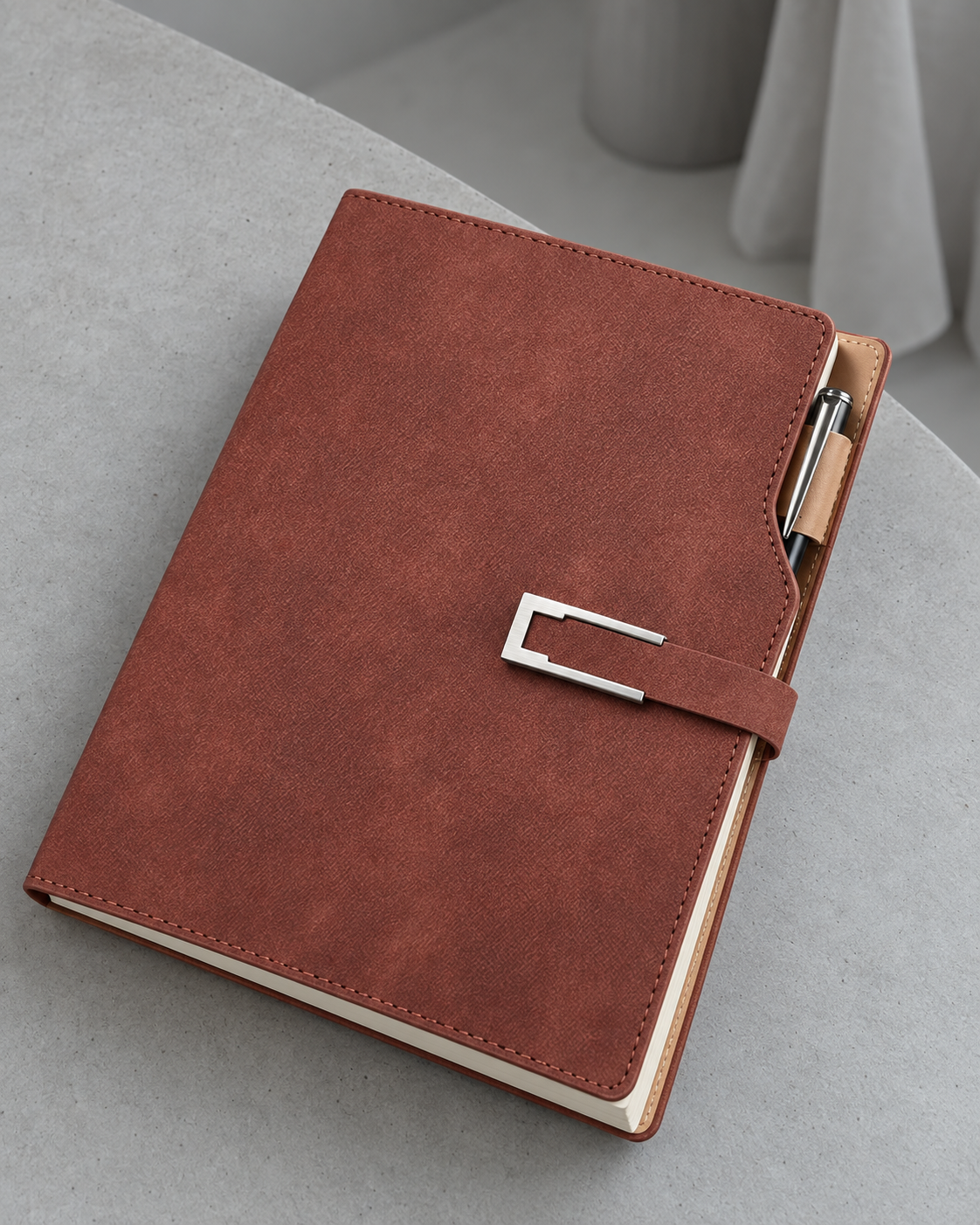 Schedule Planner buckle stitching and pen loop detail